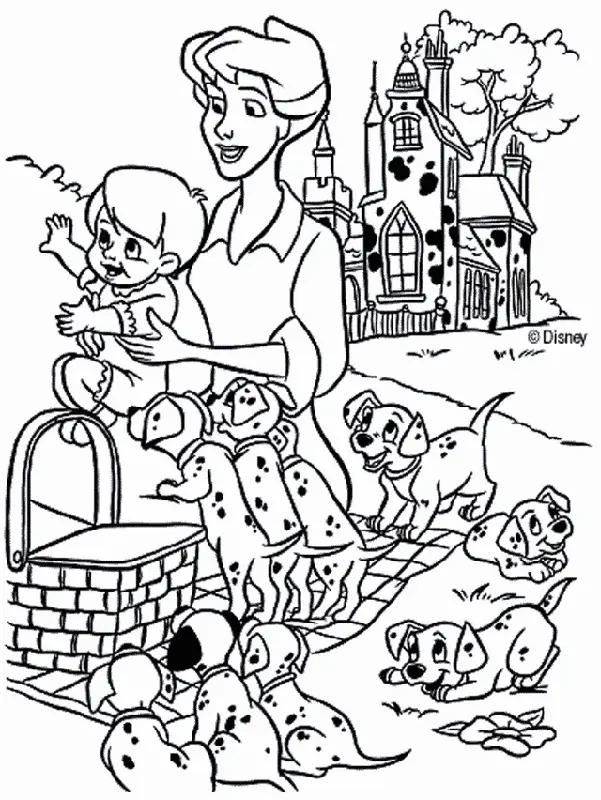 101 Dálmatas: Desenho de Anita, Criança, Filhotes e Cesta de Piquenique