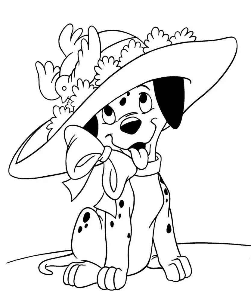 101 Dálmatas: Desenho de Filhote Elegante com Chapéu de Flores e Pássaro
