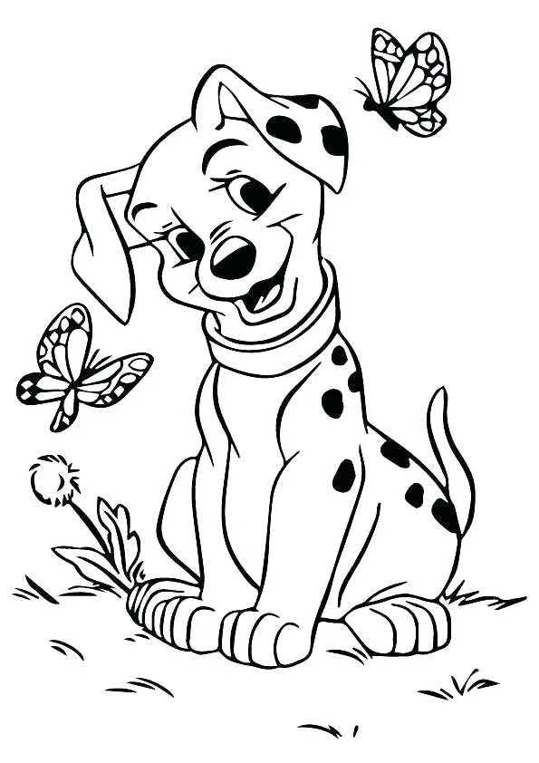 101 Dálmatas: Desenho de Filhote Sentado na Grama com Borboletas e Flor