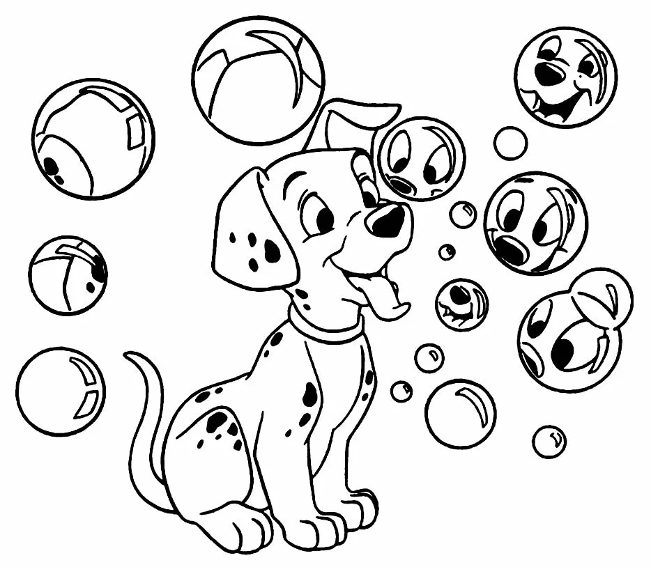 101 Dálmatas: Desenho de Filhote Sentado, Brincando com Bolhas de Sabão