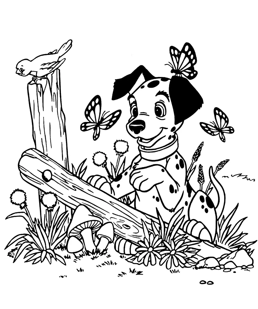 101 Dálmatas: Desenho de Filhote Sentado no Jardim, com Borboletas e Pássaro