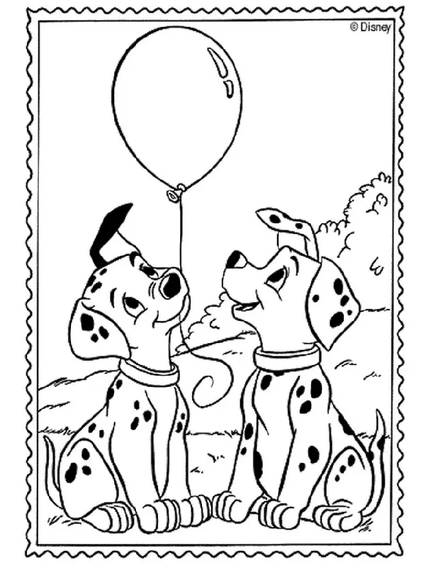 101 Dálmatas: Desenho de Dois Filhotes Sentados com Balão e Moldura Picotada