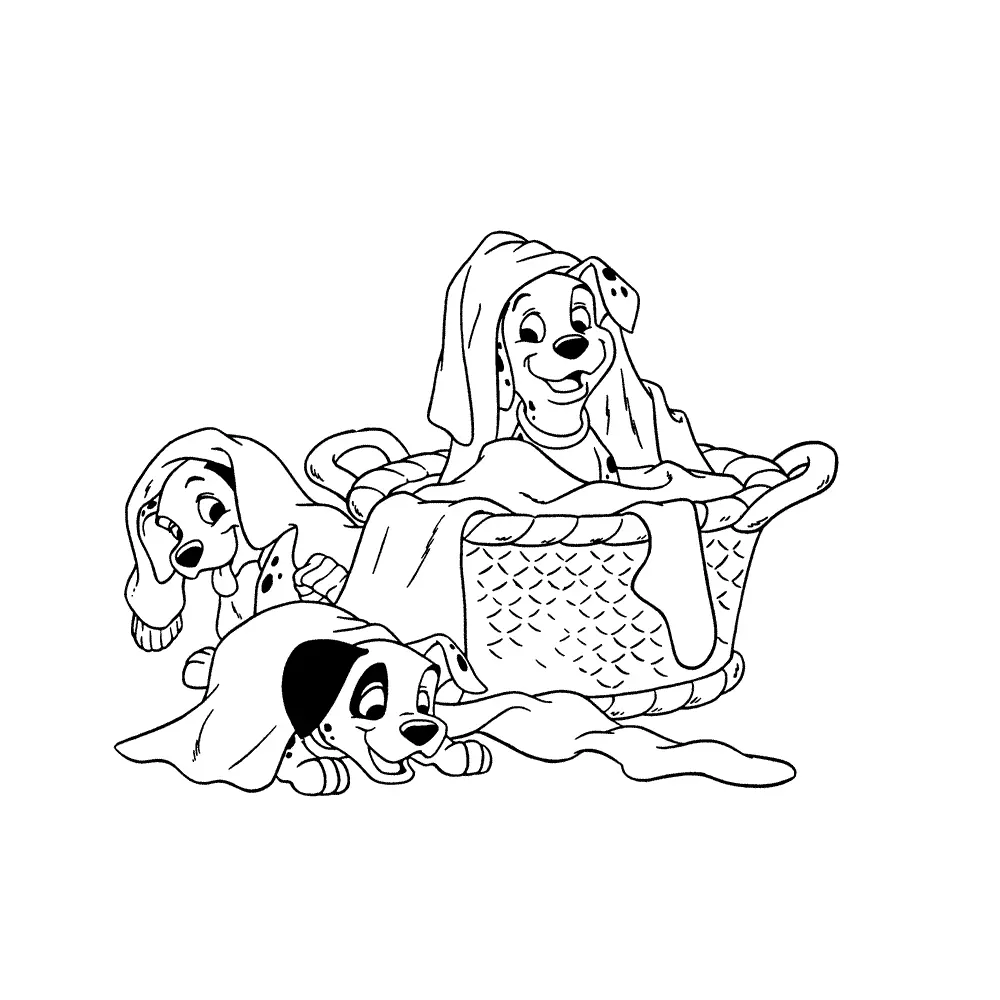 101 Dálmatas: Desenho de Filhotes Brincando no Cesto e Embaixo de Roupas