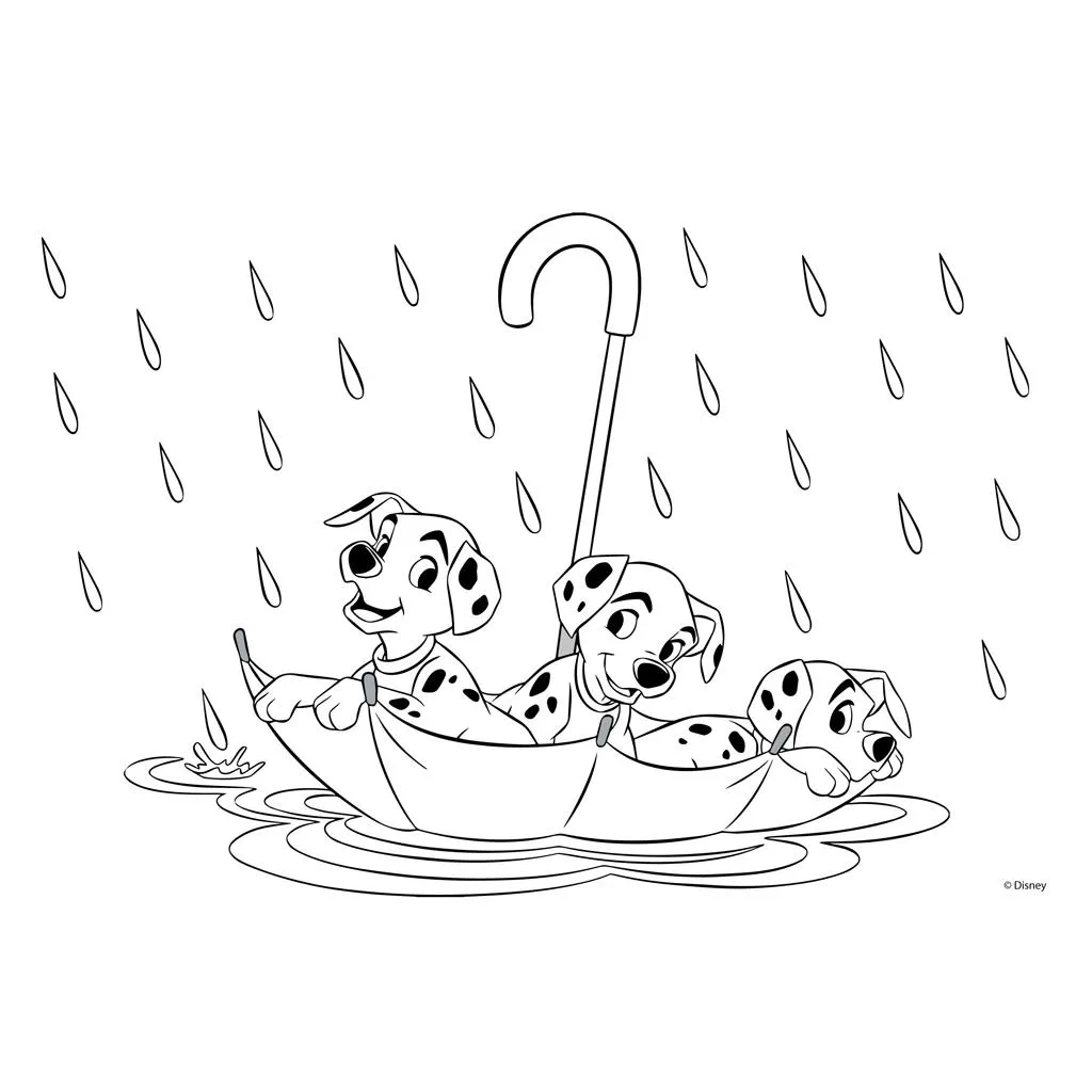 101 Dálmatas: Desenho de Três Filhotes Navegando em um Guarda-Chuva na Chuva