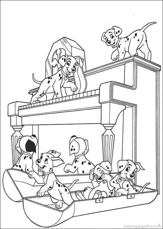 101 Dálmatas: Desenho dos Filhotes Fazendo Bagunça no Piano para Colorir e Imprimir