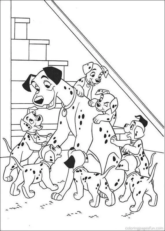 101 Dálmatas: Desenho de Pongo e Filhotes Pendurados na Bagunça da Escada