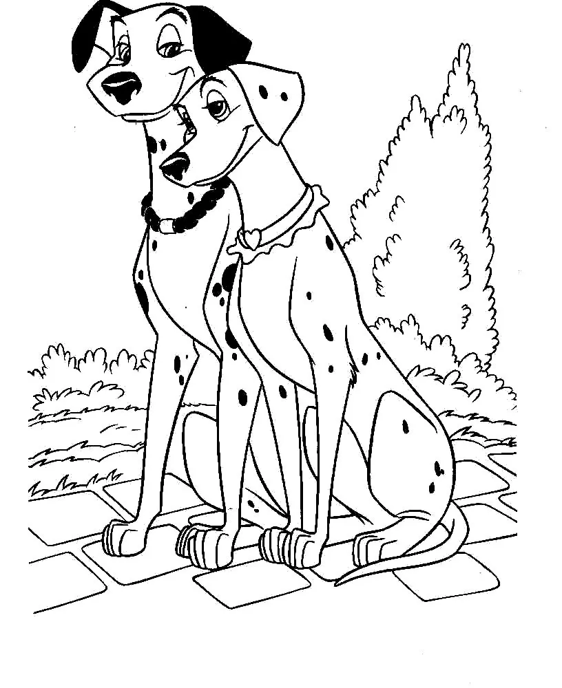 101 Dálmatas: Desenho do Casal Pongo e Perdita Sentados na Calçada