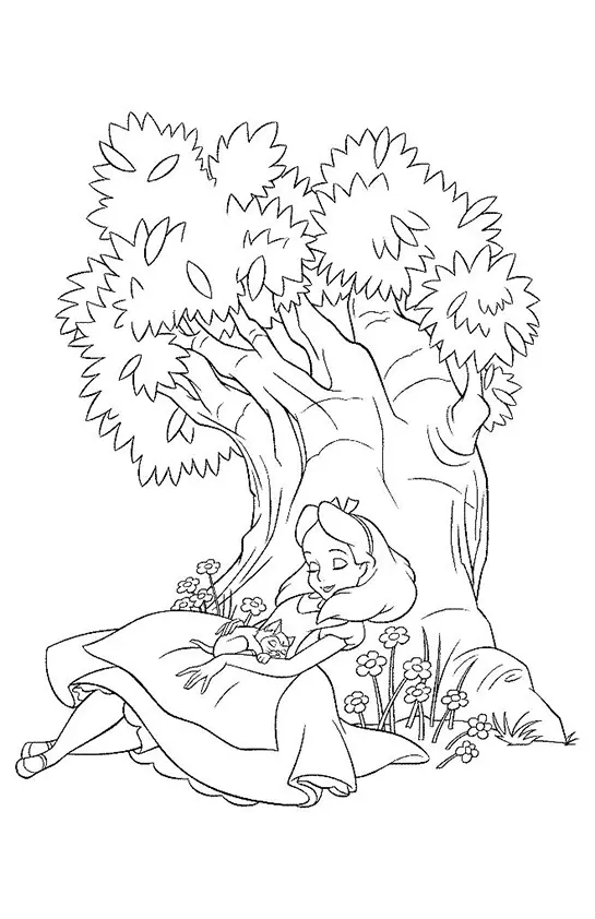 Desenho de Alice Dormindo sob Árvore Grossa com Gatinho no Colo