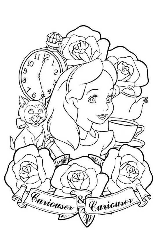 Desenho Emblema de Alice: “Curiouser & Curiouser” com Gatinho e Relógio