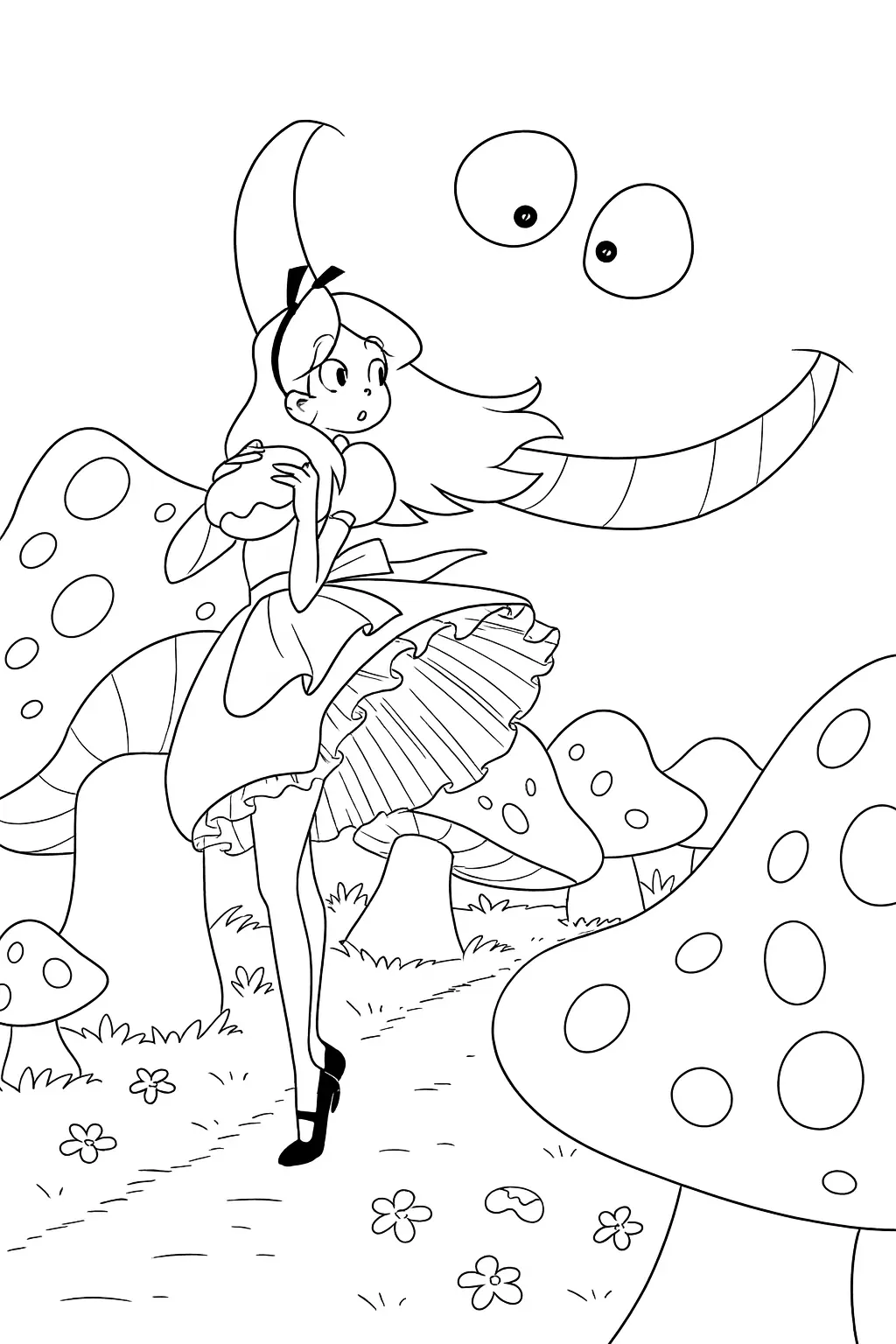 Desenho da Alice com o Sorriso Flutuante do Gato Cheshire