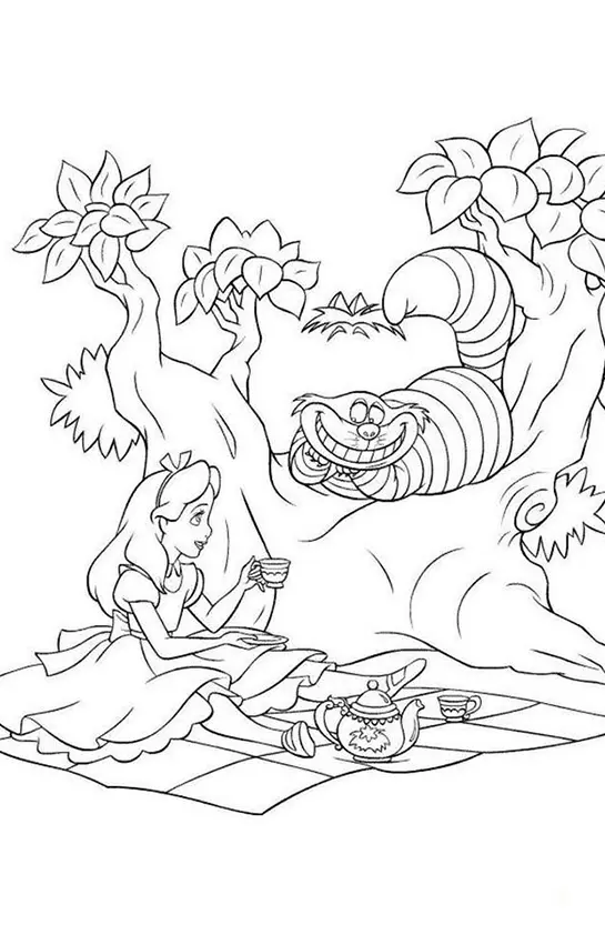 Desenho de Alice no País das Maravilhas em Piquenique com o Gato Risonho
