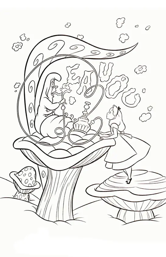 Desenho Clássico: Alice e a Lagarta no Cogumelo Fumando Narguilé
