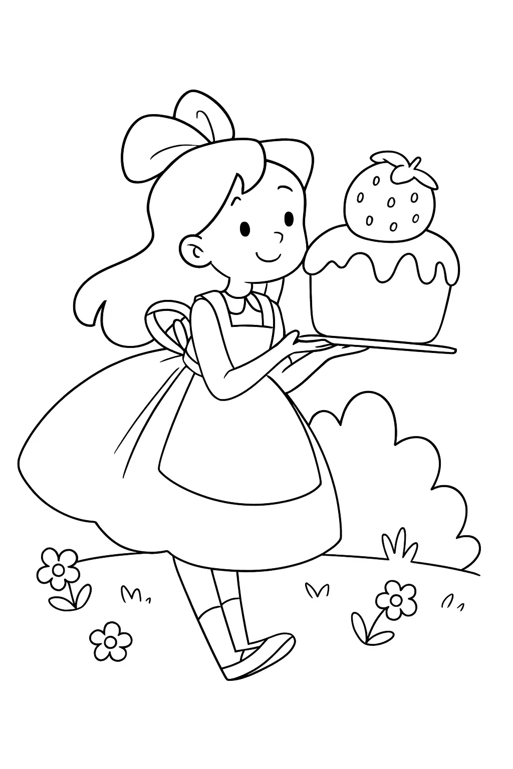 Desenho Fofo de Alice Segurando um Bolinho Decorado com Morango