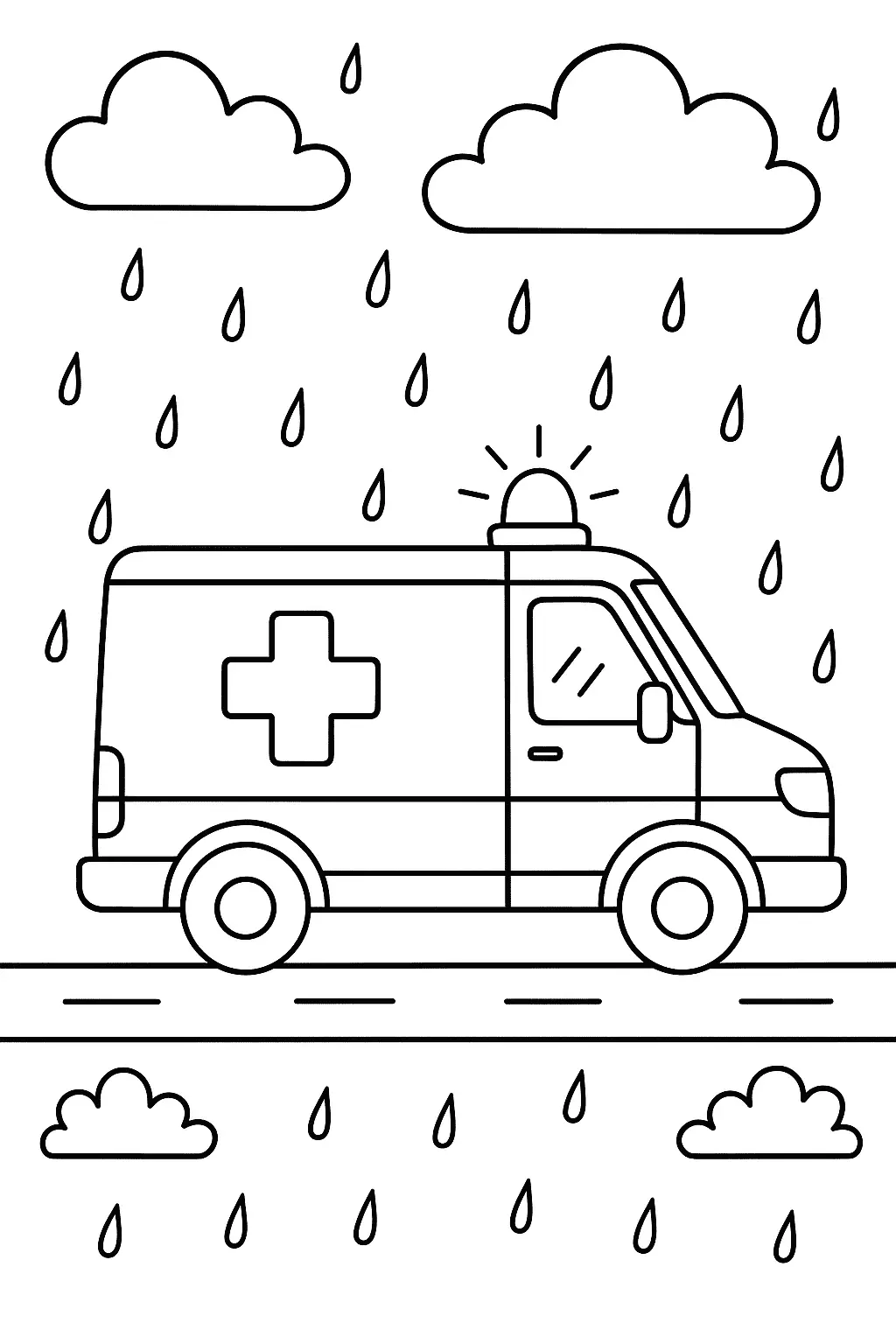Desenho de Ambulância em Missão de Emergência Durante a Chuva