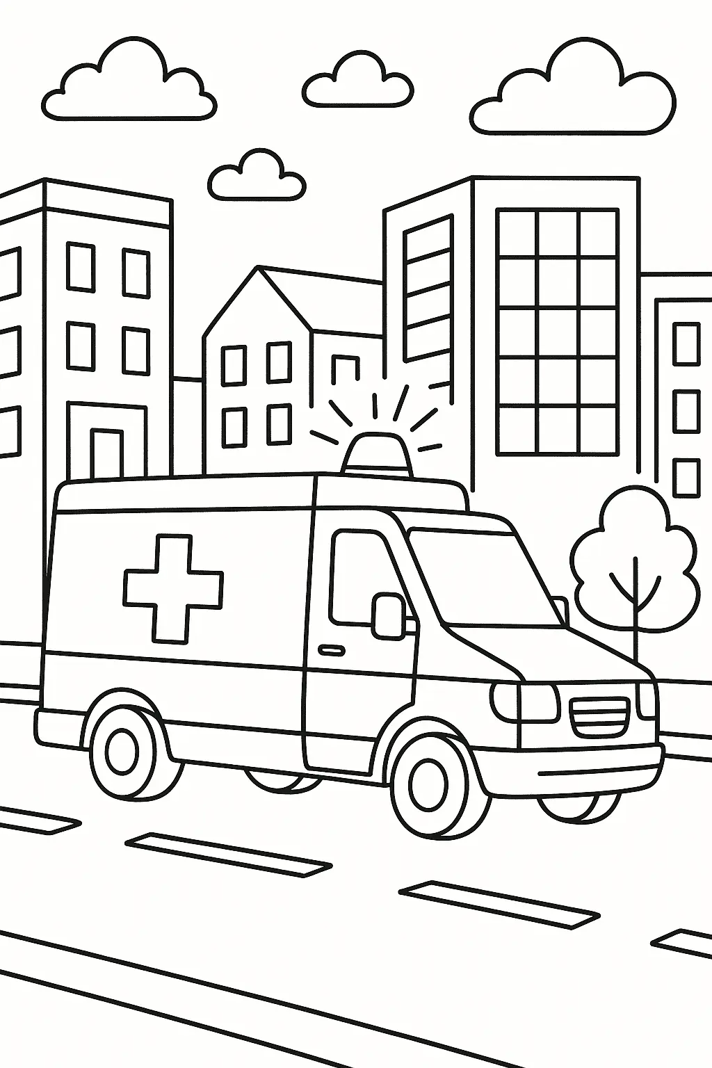 Desenho de Ambulância em Missão de Emergência no Centro da Cidade