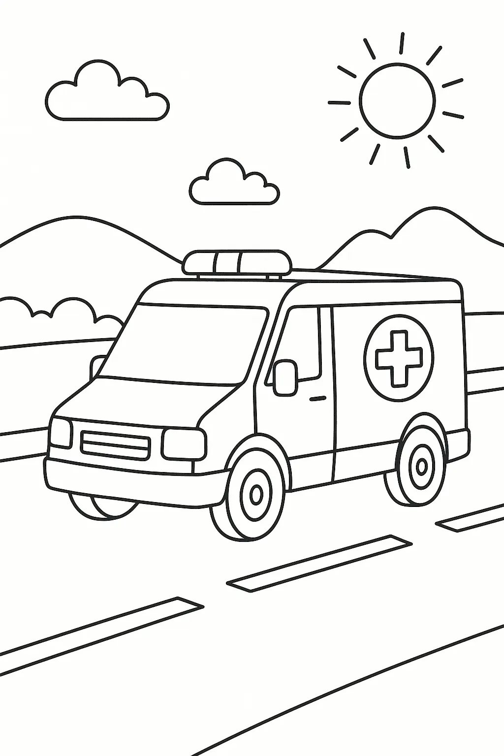 Desenho de Ambulância em Viagem na Estrada com Sol e Montanhas