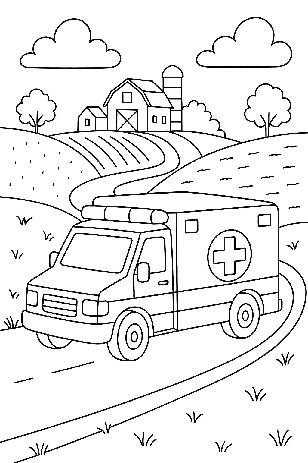 Desenho de Ambulância em Estrada que Leva a uma Fazenda com Celeiro