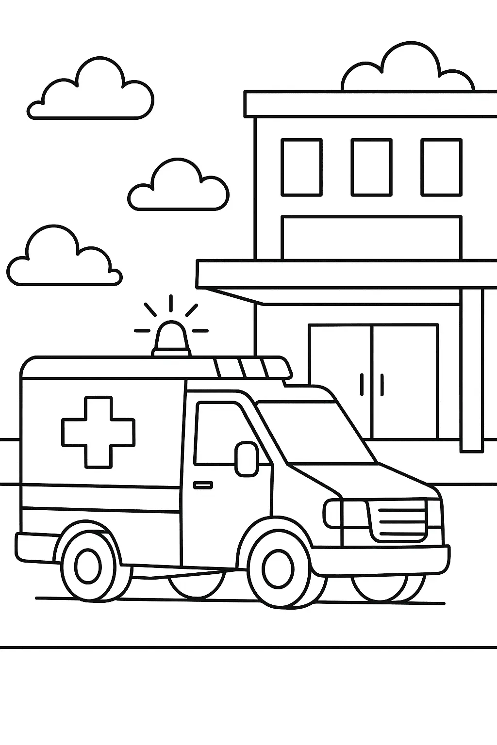 Desenho de Ambulância Estacionada em Frente ao Hospital ou Pronto-Socorro