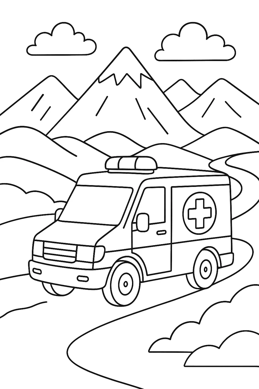 Desenho de Ambulância em Estrada Sinuosa com Cenário de Montanhas