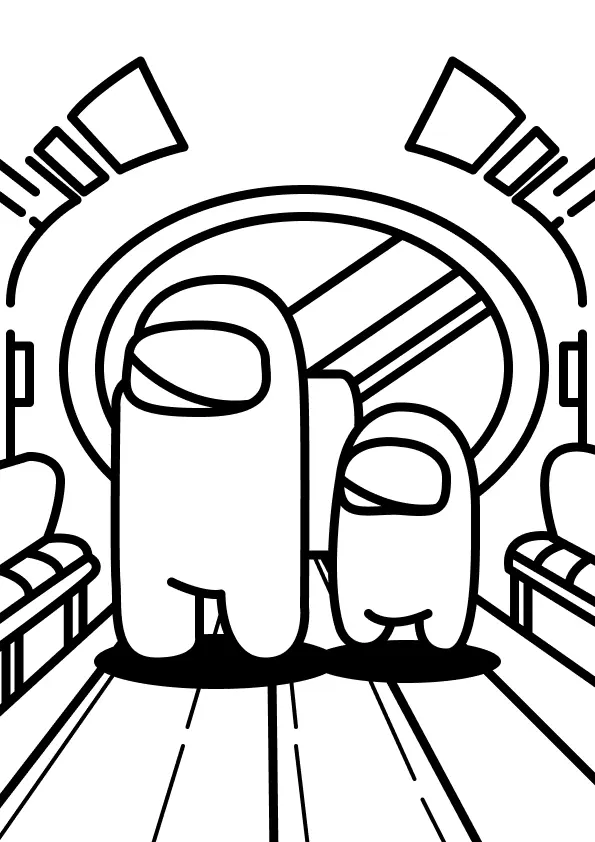 Desenho do Crewmate e Mini Crewmate na Nave Espacial Among Us