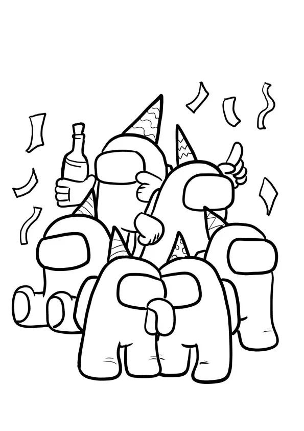 Desenho dos Personagens de Among Us Celebrando uma Festa com Confete