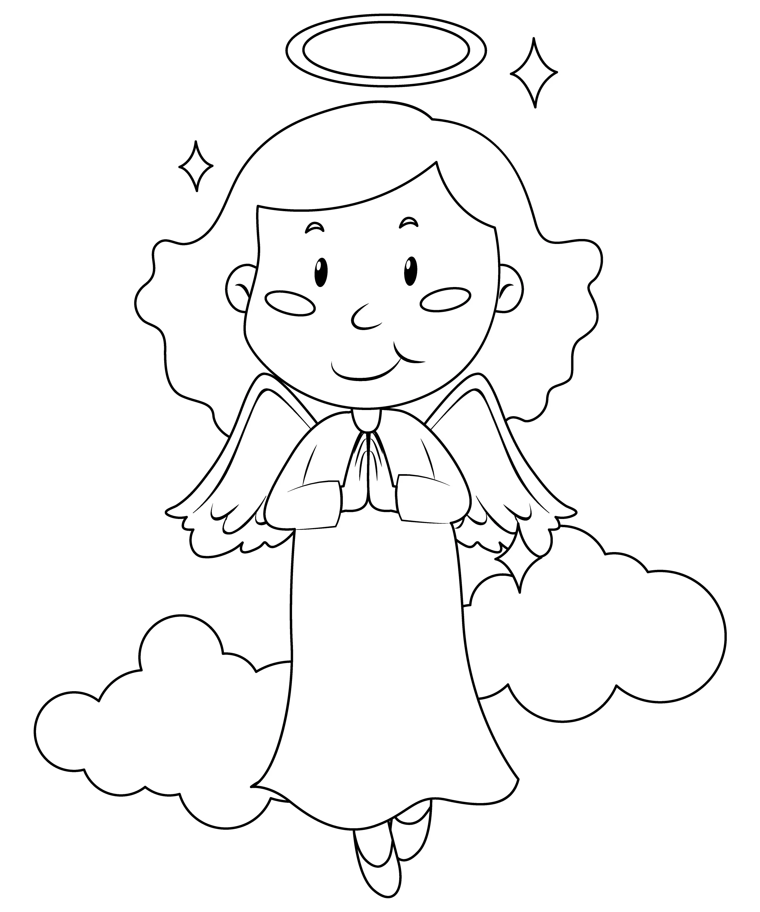 Desenho Simples (Cartoon) de Anjo Adulto Flutuando sobre Nuvens