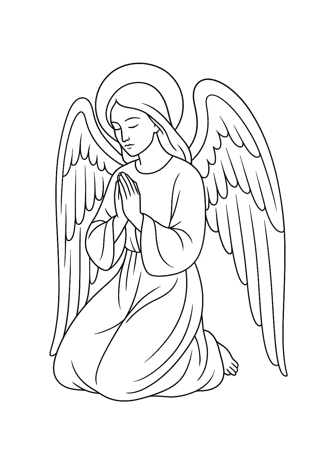 Desenho de Anjo com Asas e Auréola Ajoelhado em Profunda Oração