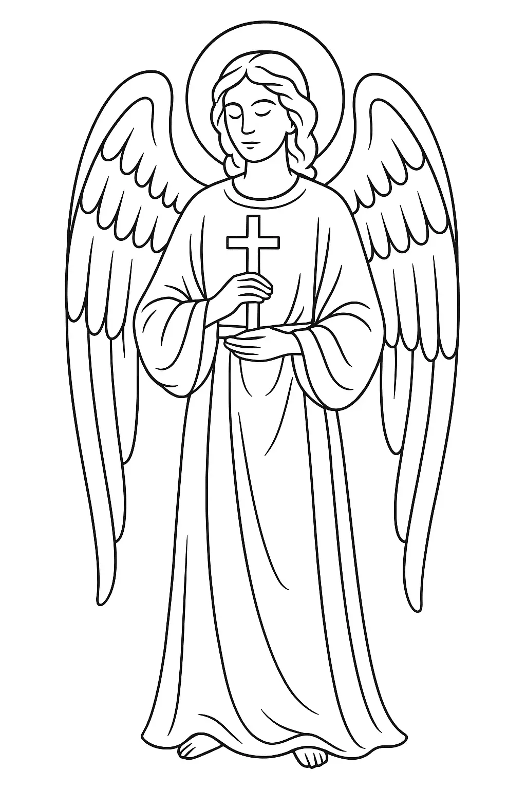 Desenho Clássico de Anjo em Túnica com Auréola e Cruz de Cristo