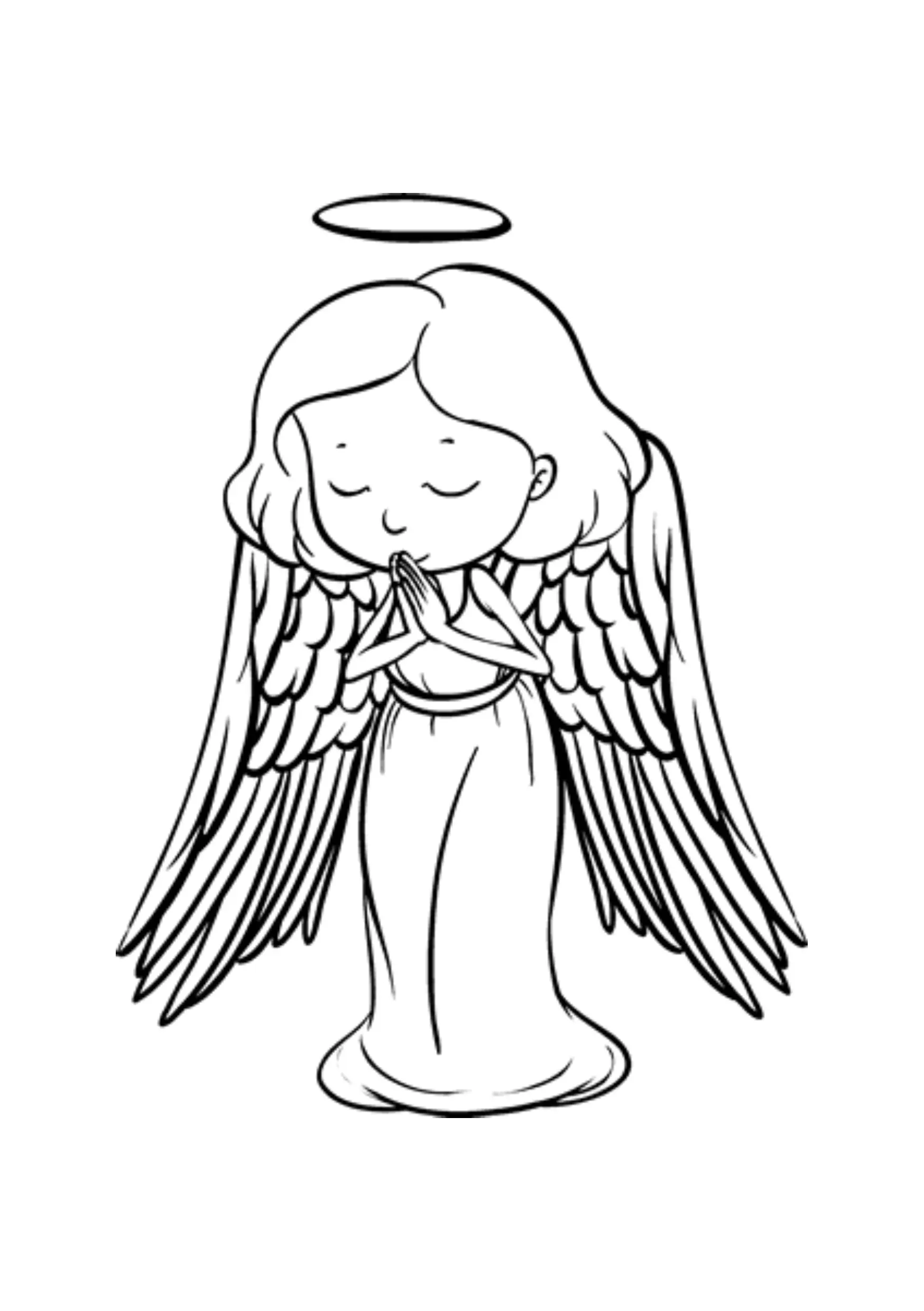 Desenho Fofo (Estilo Chibi) de Anjo em Oração com Asas Grandes e Longas