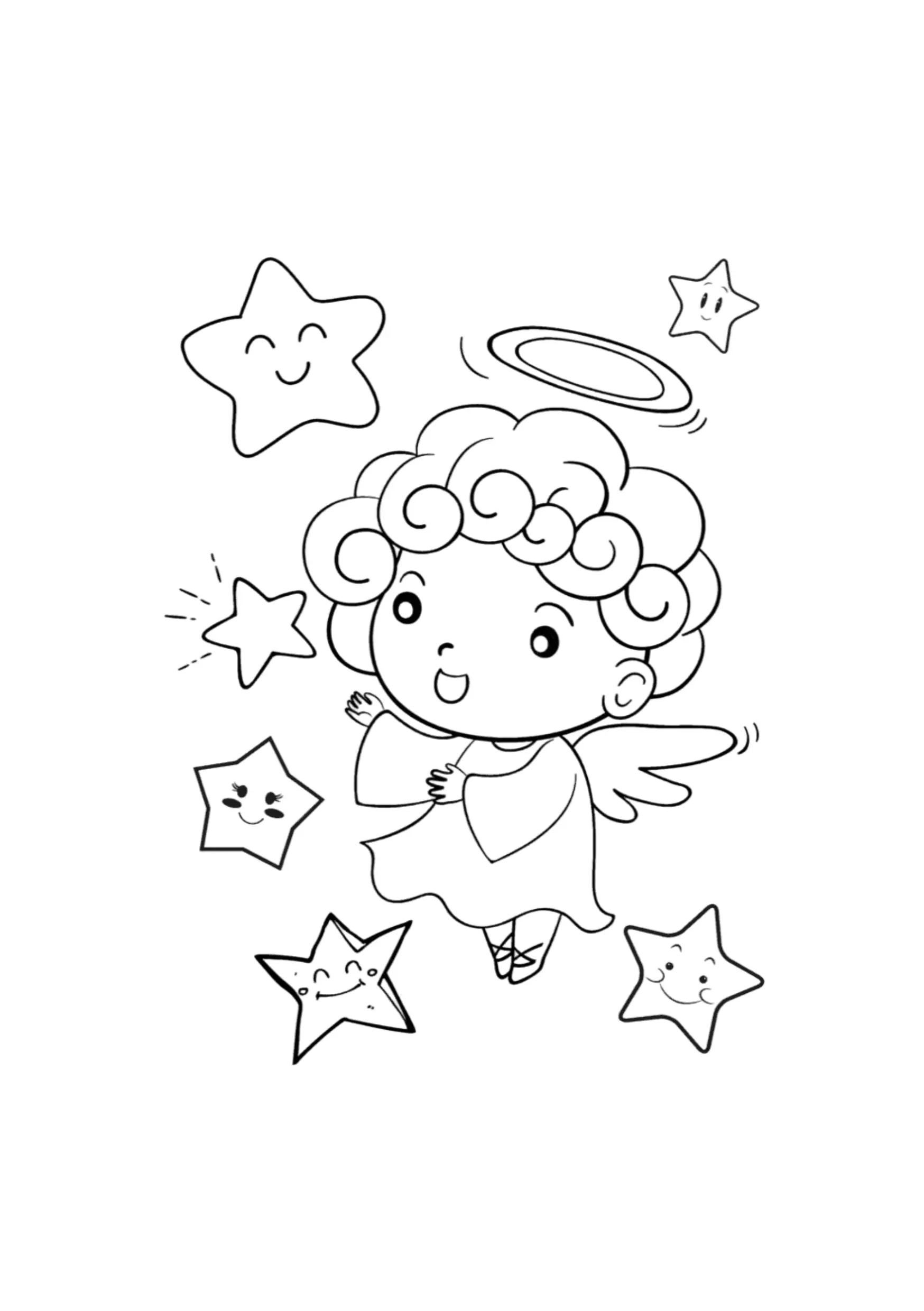 Desenho Fofo (Estilo Kawaii) de Anjo Bebê Brincando com Estrelas