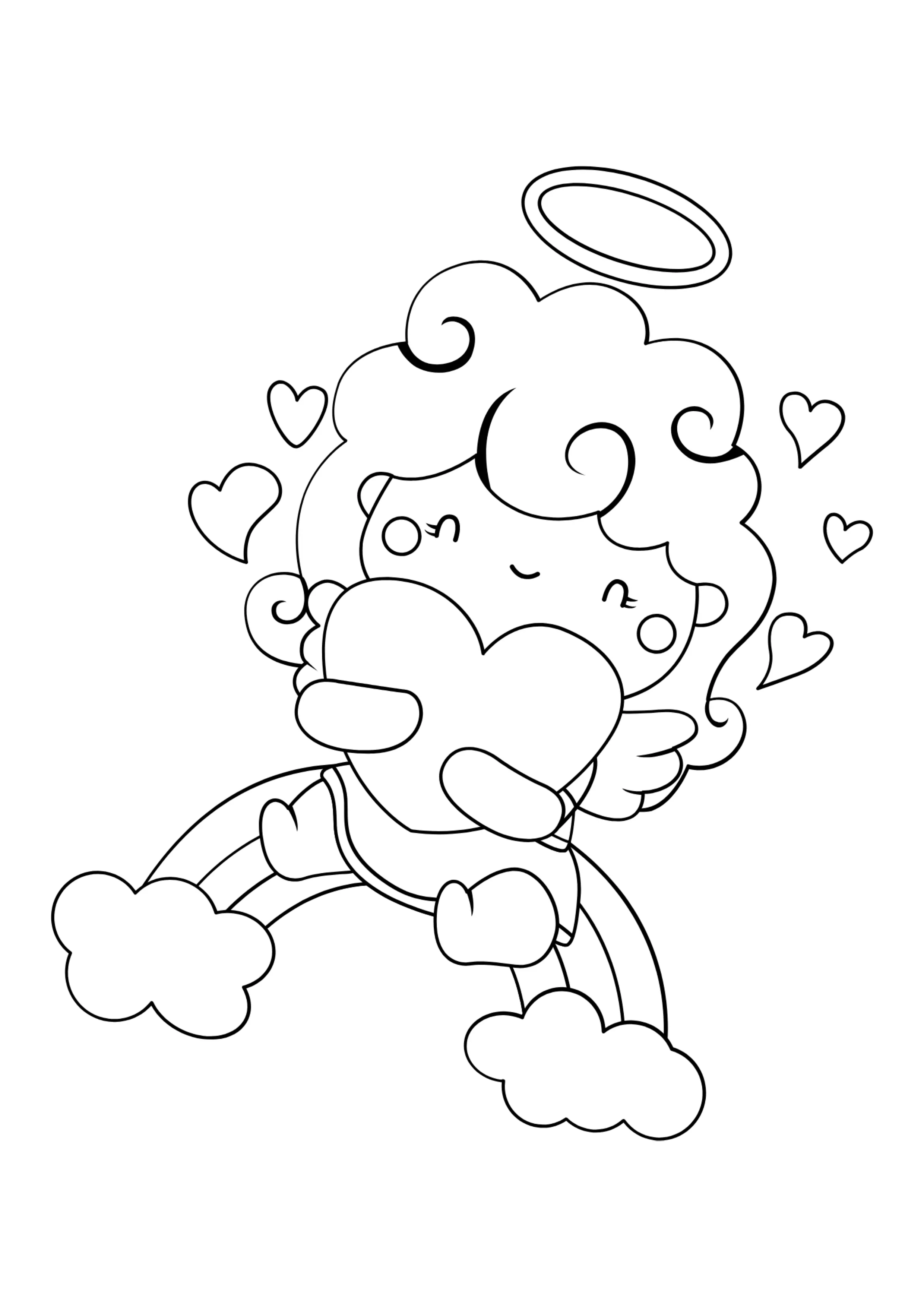 Desenho Fofo de Anjo Bebê (Querubim) Abraçando um Grande Coração sobre o Arco-Íris
