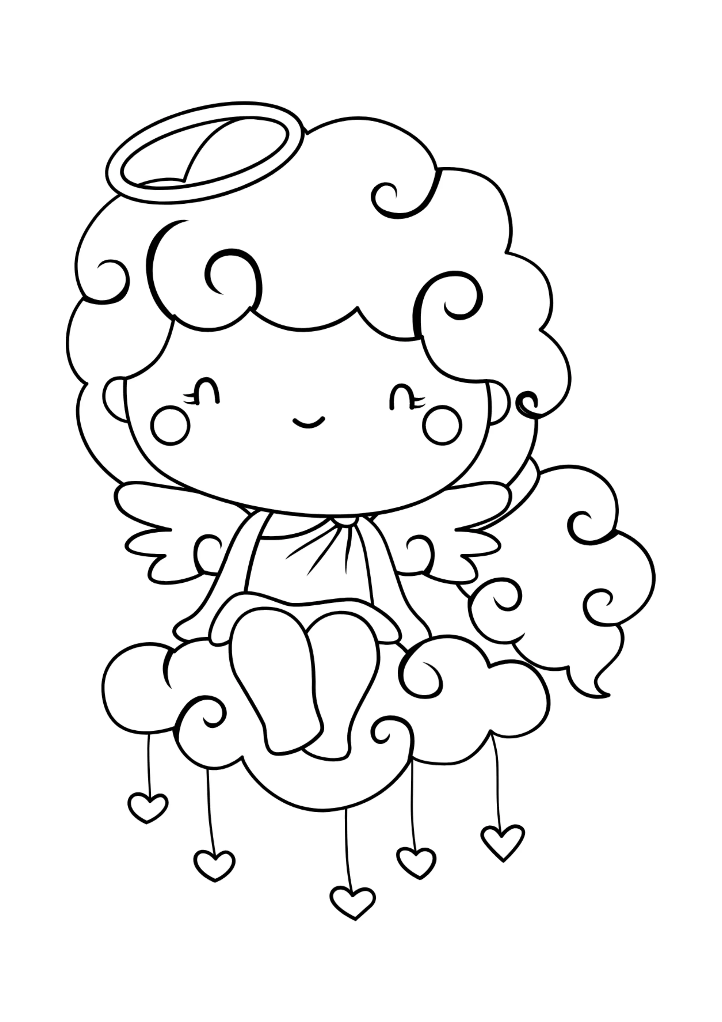 Desenho Fofo (Estilo Kawaii) de Anjo Bebê Sentado em Nuvem de Corações