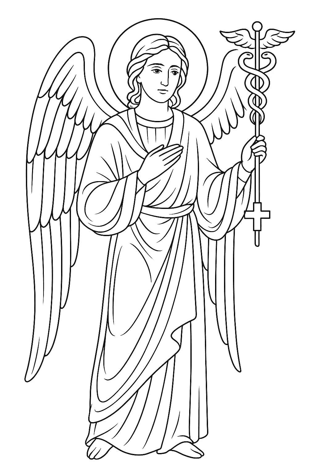 Desenho Clássico de Anjo (Arcanjo Rafael) Segurando um Caduceu