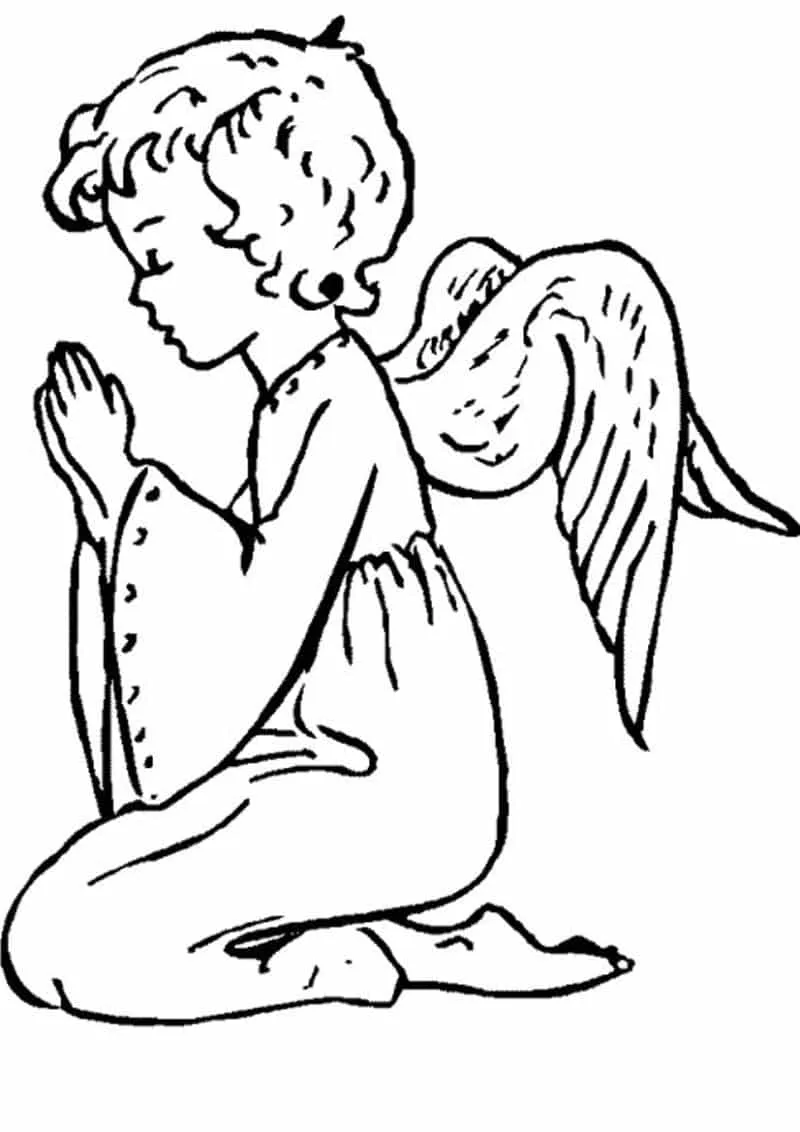 Desenho de Anjo Criança Ajoelhado em Oração, Visto de Perfil