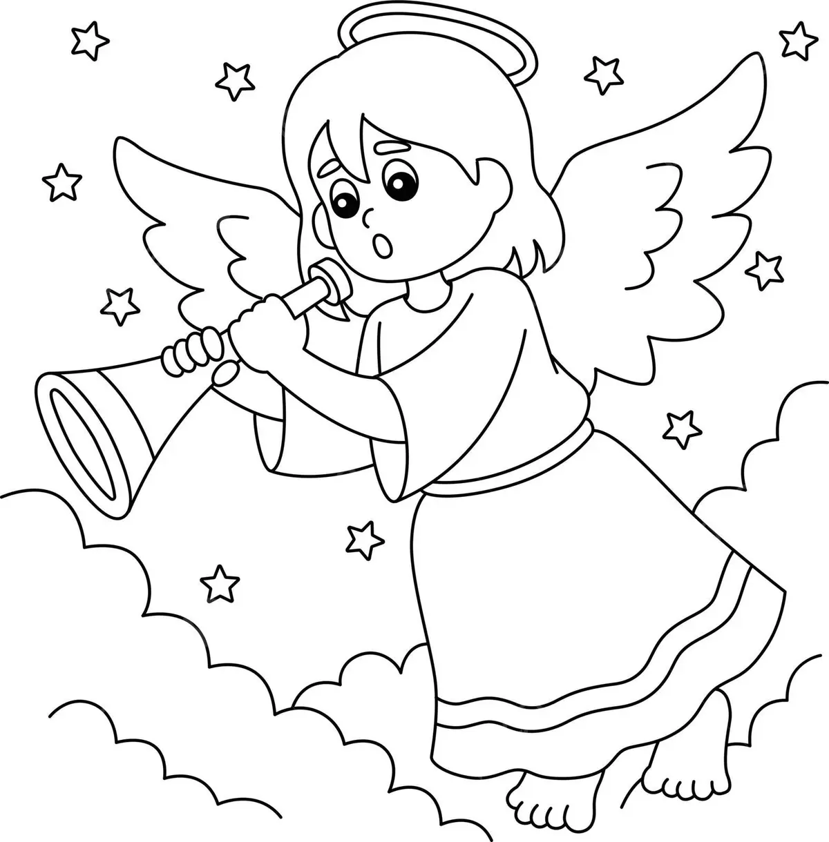 Desenho Cartoon de Anjo Criança com Trombeta, Asas e Estrelas