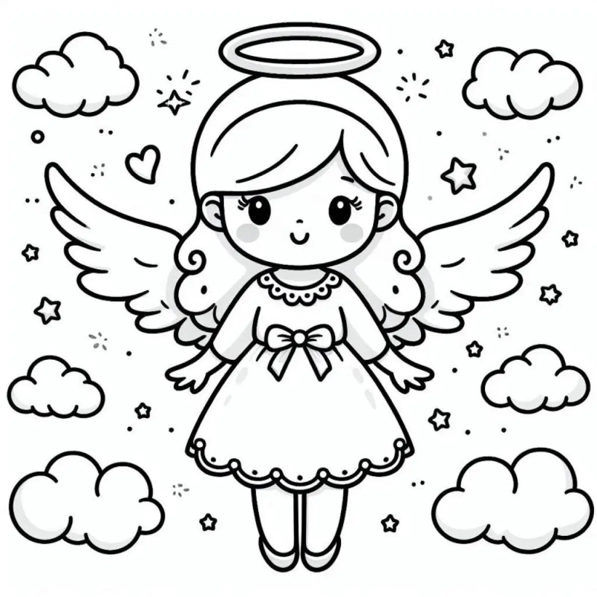 Desenho Fofo (Estilo Kawaii) de Anjo Menina Criança com Asas e Estrelas