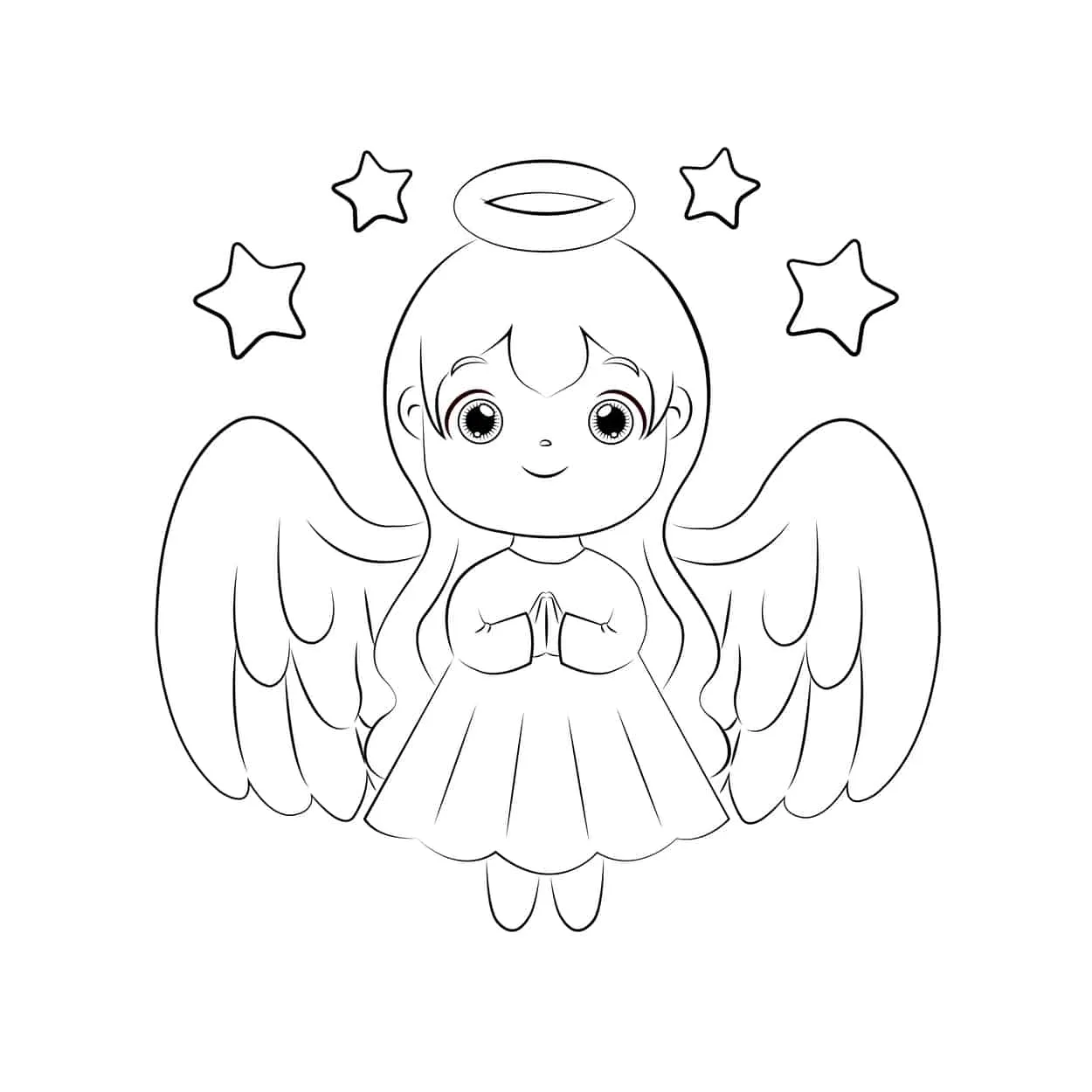Desenho Fofo (Estilo Kawaii) de Anjo Menina de Cabelo Liso em Oração