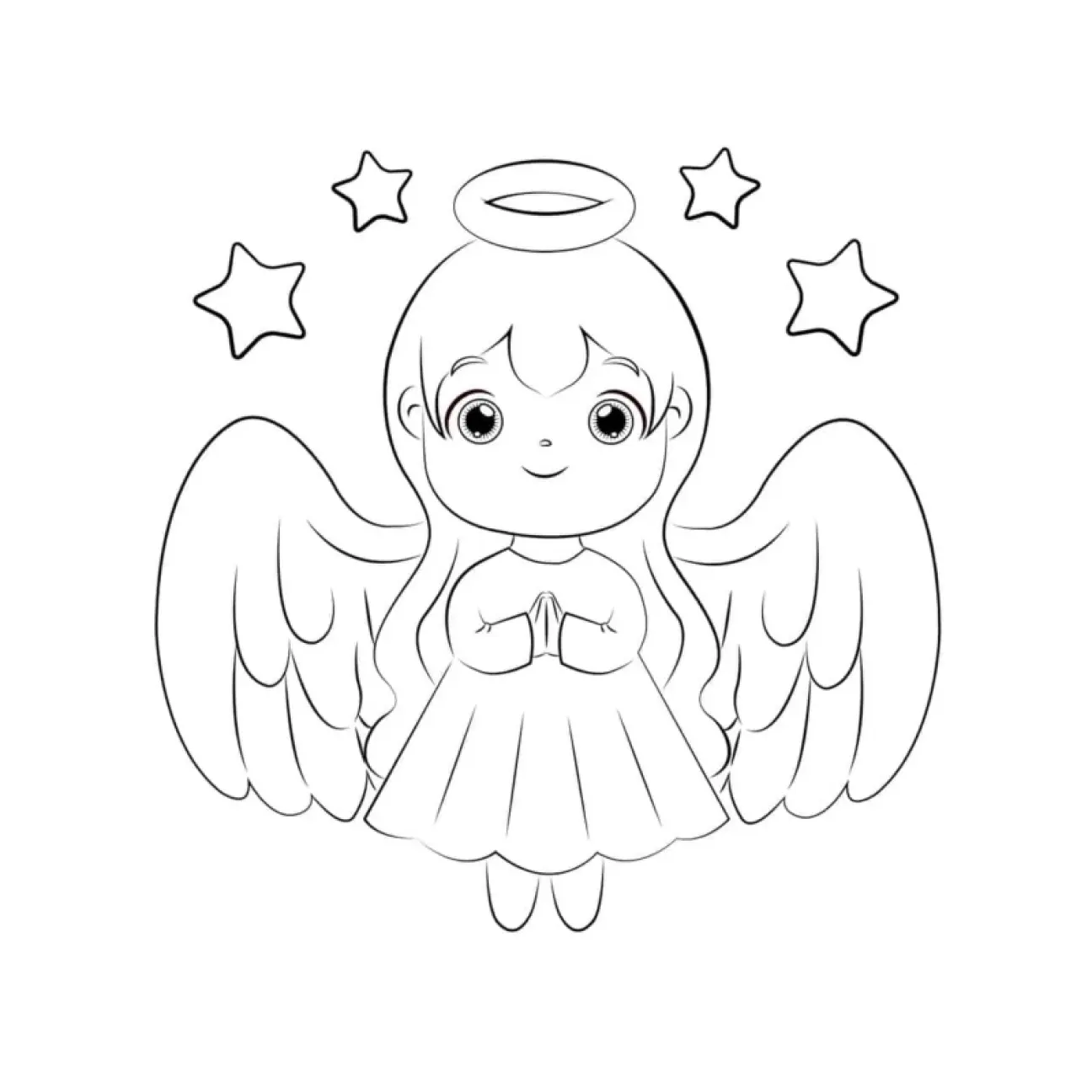 Desenho Fofo (Estilo Kawaii) de Anjo Menina com Mãos em Oração e Estrelas