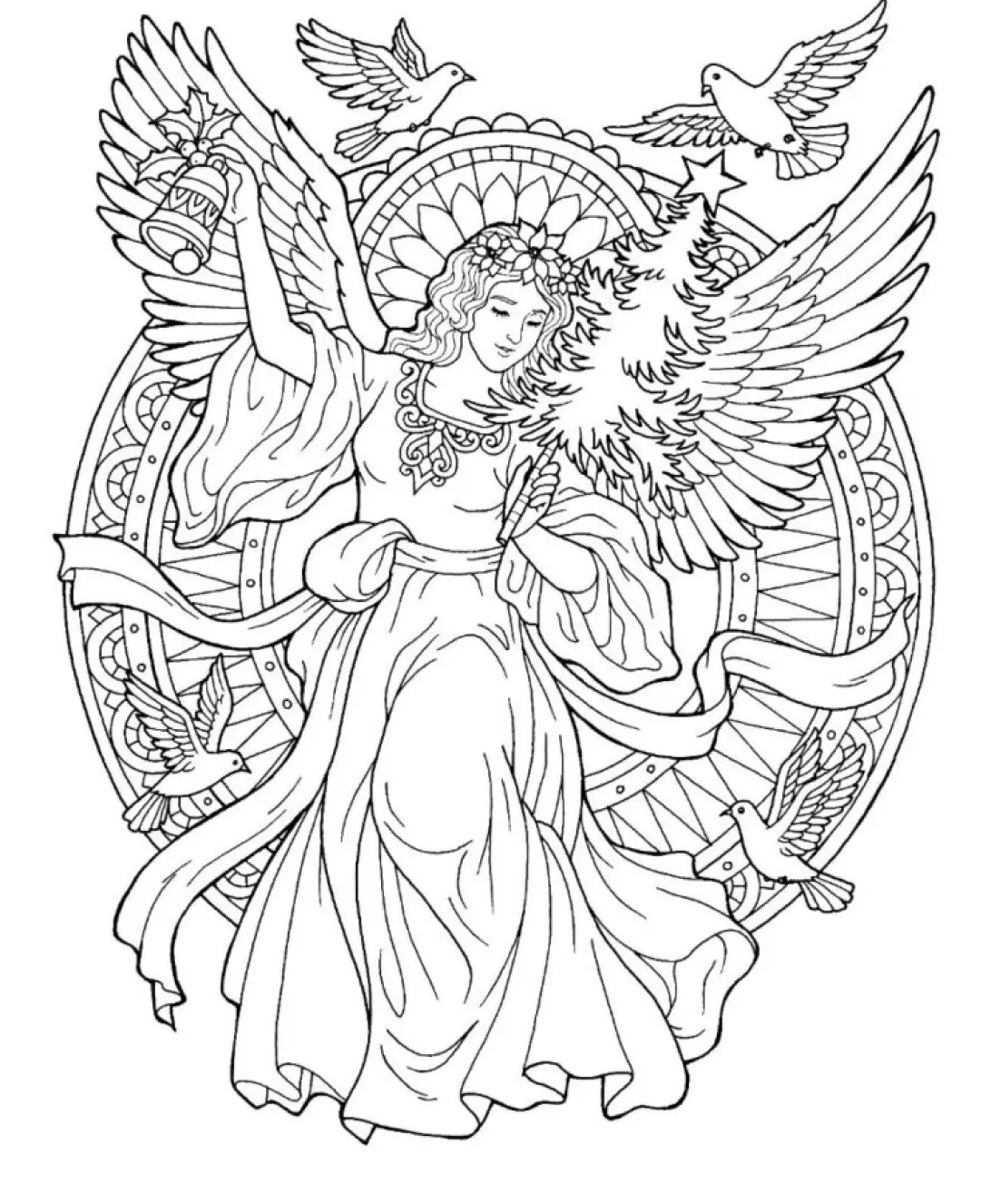 Desenho Complexo de Anjo Feminina com Sino e Árvore de Natal (Pinheiro)