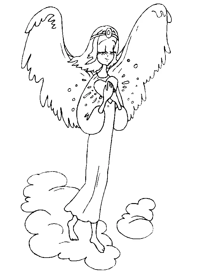 Desenho Simples de Anjo da Paz em Oração (Olhos Fechados) Abraçando um Coração