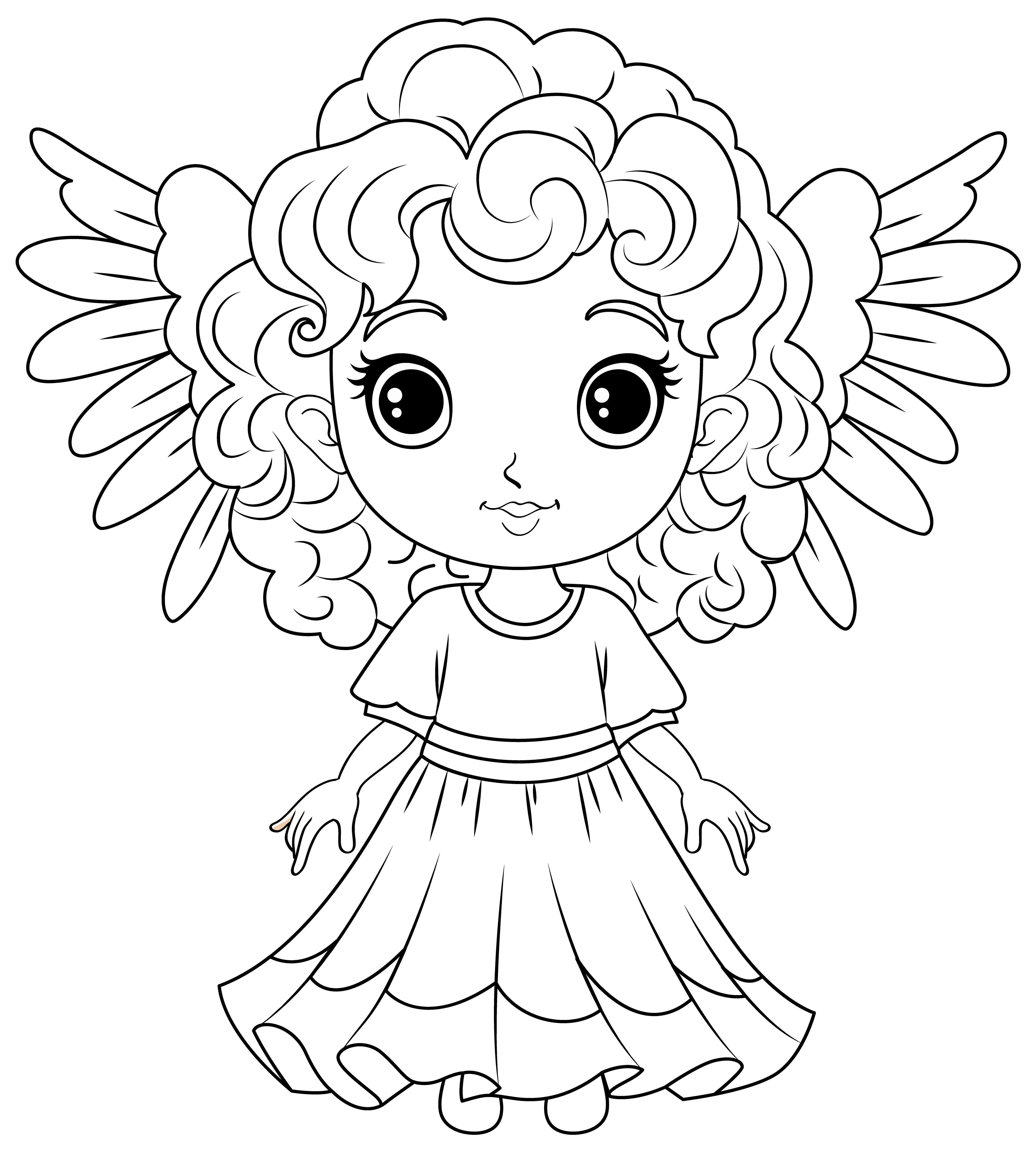 Desenho Fofo (Estilo Kawaii) de Anjo Querubim com Cabelo Cacheado e Asas