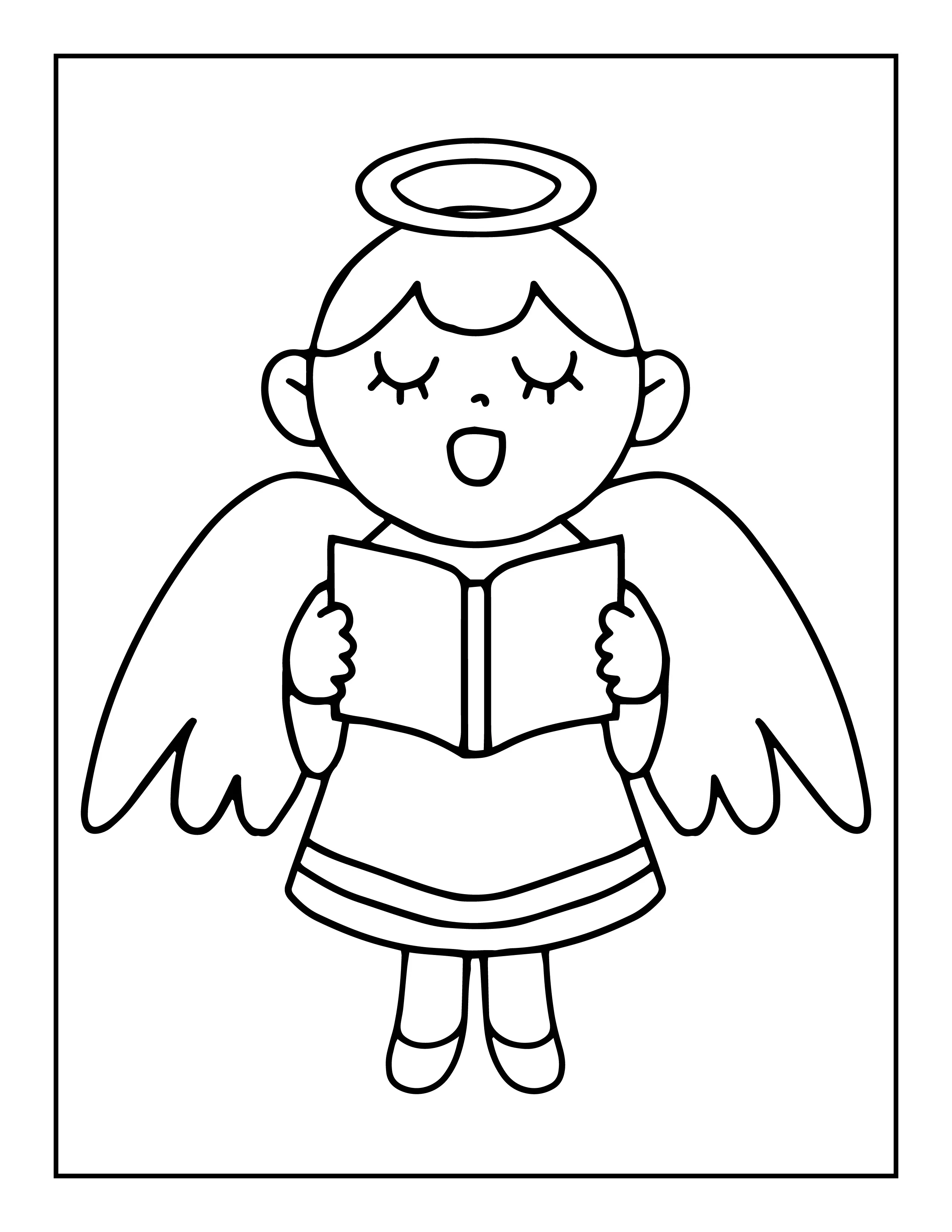 Desenho Fofo (Estilo Kawaii) de Anjo Querubim Cantando e Lendo um Livro