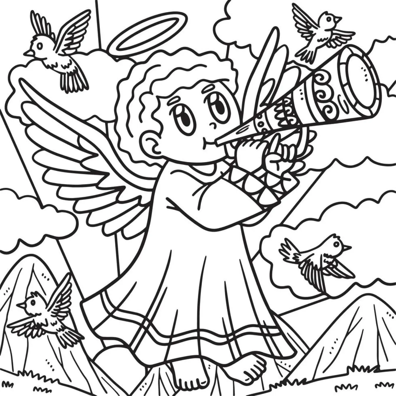 Desenho Cartoon de Anjo Querubim Tocando Corneta em Cena de Natureza