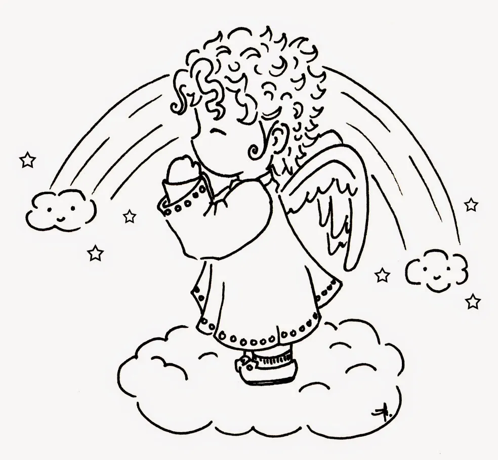 Desenho Fofo (Cartoon) de Anjo Querubim em Oração Flutuando em Nuvem com Arco-Íris