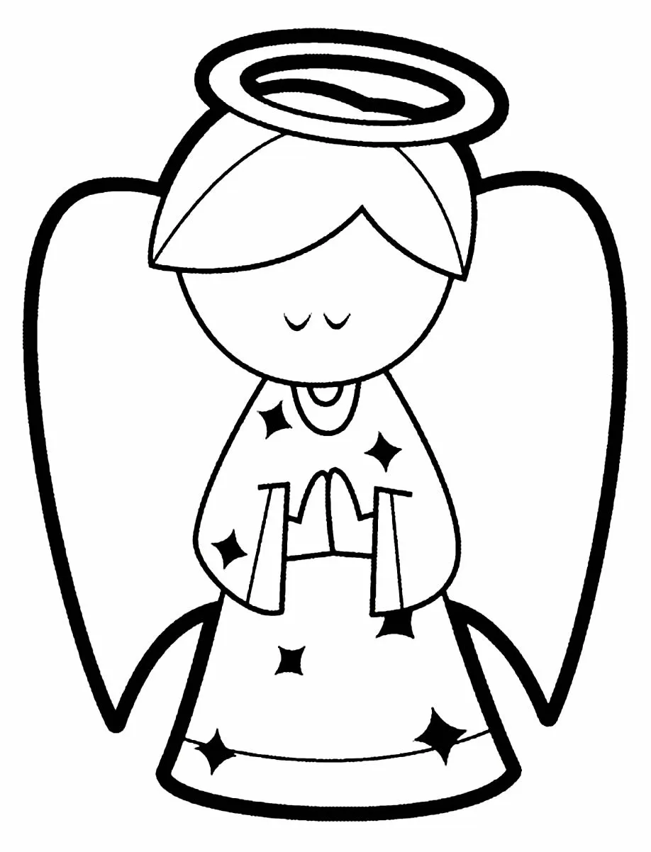 Desenho Simples de Anjo em Oração com Contorno Grosso e Estrelas