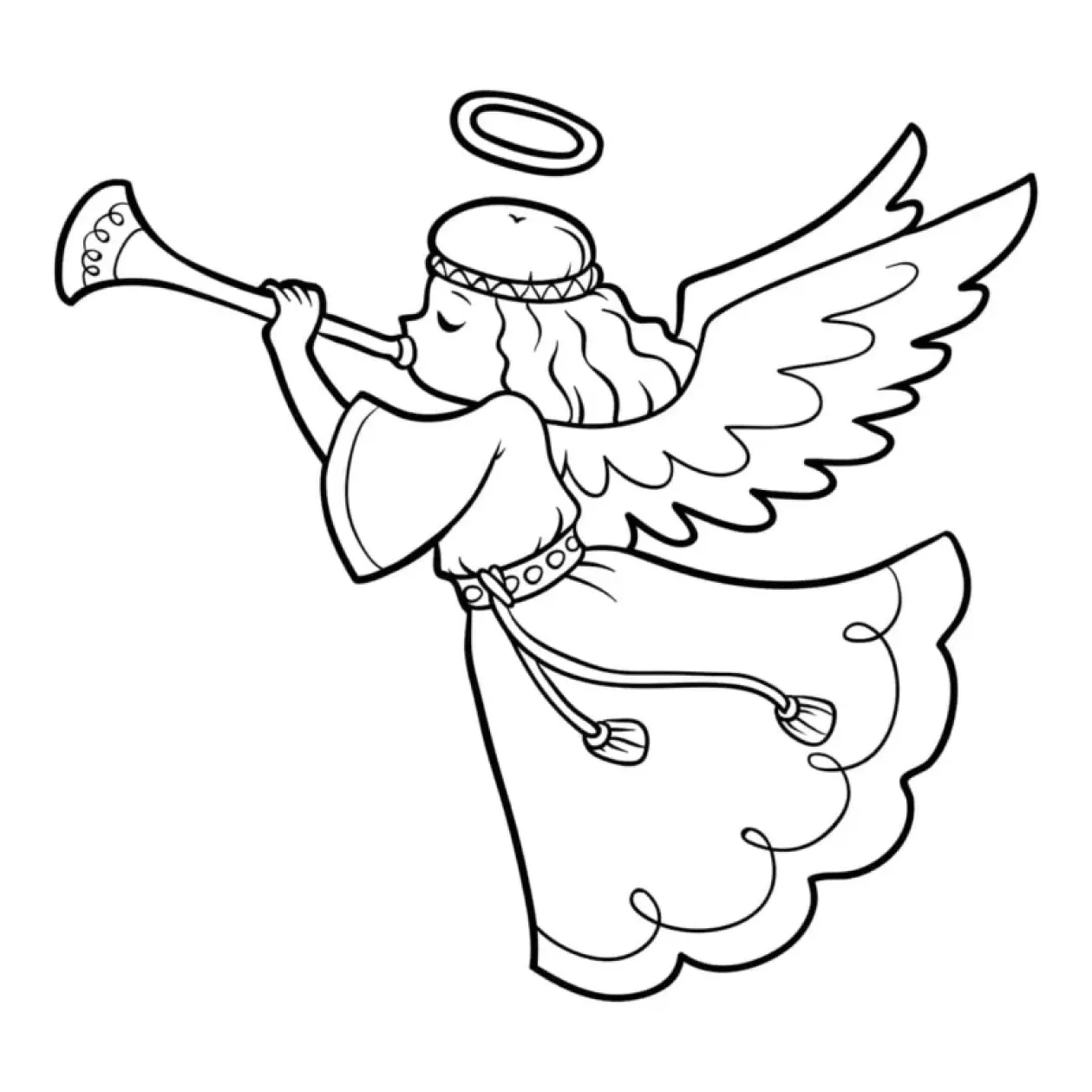 Desenho de Anjo Músico Visto de Perfil Tocando a Trombeta Celestial
