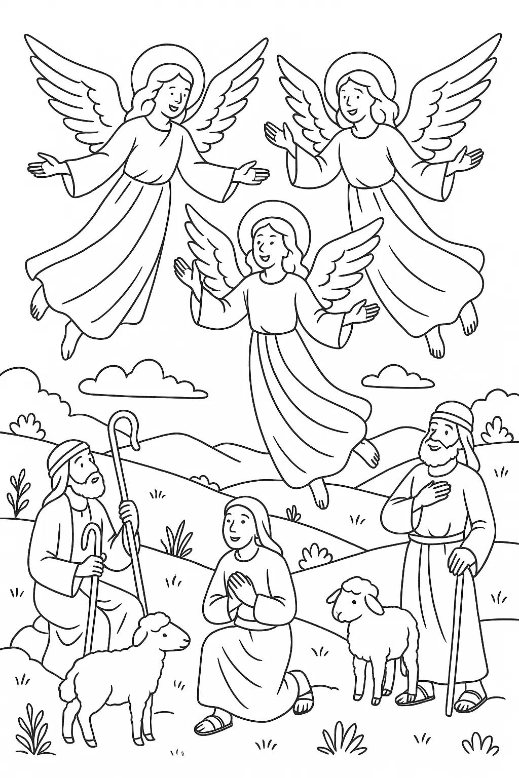 Desenho da Cena de Natal: Anunciação do Nascimento de Jesus aos Pastores