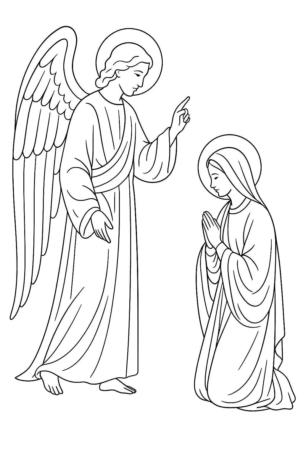 Desenho da Anunciação: Anjo Gabriel e a Virgem Maria em Oração