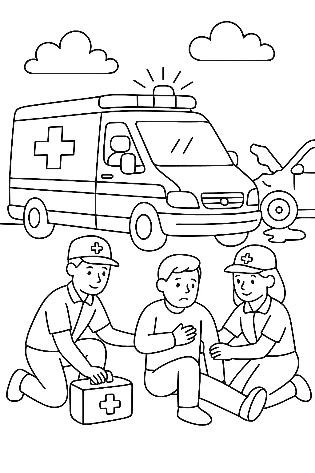 Desenho de Primeiro Socorro: Equipe de Resgate Atendendo Vítima de Acidente de Carro