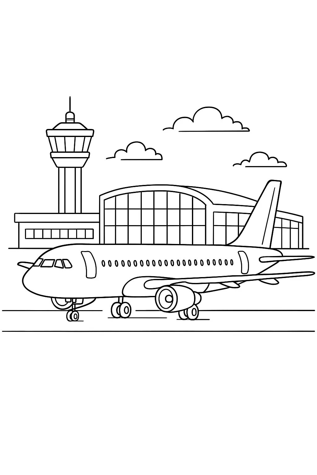 Desenho de Avião a Jato no Aeroporto com Terminal e Torre de Controle